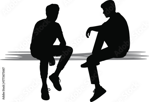 Two people sitting silhouettes, conversation vector illustration, social interaction artwork, friends talking design, communication concept, minimalist lifestyle graphic