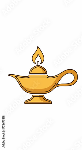 Golden magic oil lamp with a burning flame, an iconic symbol of wishes, ancient tales, and fantasy adventures on an isolated background