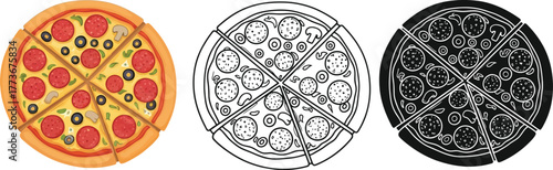 Three illustrations of a pepperoni pizza cut into six slices