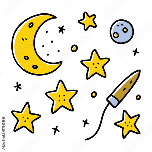 Crayon Star and Moon Doodle Set in Hand-Drawn Style vector