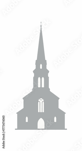 A minimalist gray vector illustration of a traditional church building with a tall steeple, an isolated icon representing faith, religion, and architecture