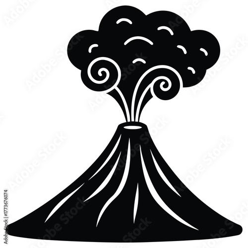 volcano eruption linocut with smoke plumes in spir vector style