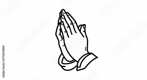 A minimalist black and white line art vector illustration of praying hands, a symbol of faith, worship, and hope, isolated on a white background