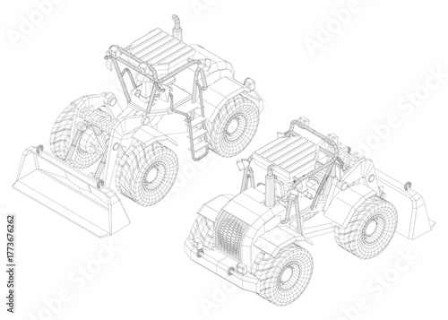 A detailed 3D model blueprint of a wheel loader on a clean white background, featuring a prominent bucket and wireframe design with intricate lines and curves.