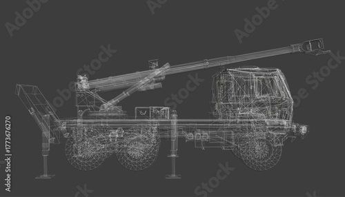A military rocket launcher truck with crane features detailed wireframe modeling on a dark background.