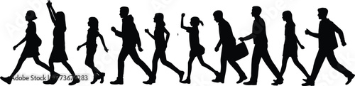 Walking people silhouettes, diverse group vector illustration, men and women in motion, casual attire, urban lifestyle, community crowd, modern society design