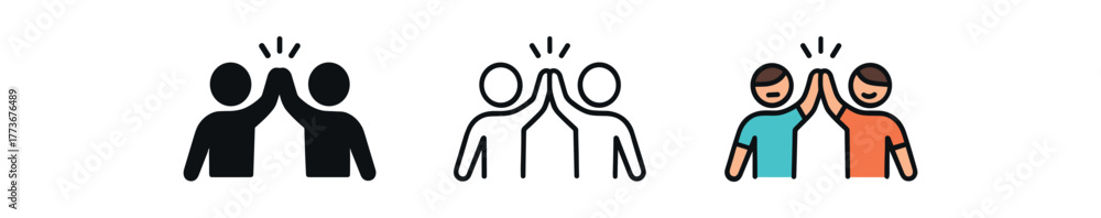 Fototapeta premium high fiving happily icon on white background Black silhouette flat icon outline icon and colored icon style. 1x3 grid. three minimal vector icon style. centered composition clear white