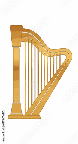 Classical golden harp isolated on a white background. Vector graphic of an elegant string musical instrument for orchestra