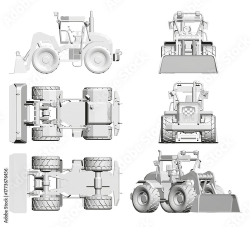 Polygonal wheel loader set featuring four distinct bulldozer designs with detailed buckets and mechanical features. Each vector illustration showcases unique geometric shapes on a clean white.