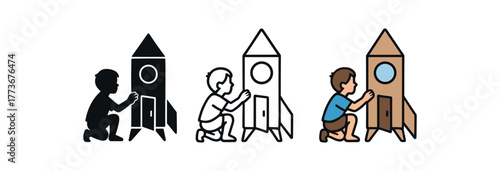 child exploring cardboard rocket icon on white background Black silhouette flat icon outline icon and colored icon style. 1x3 grid. three minimal vector icon style. centered composition