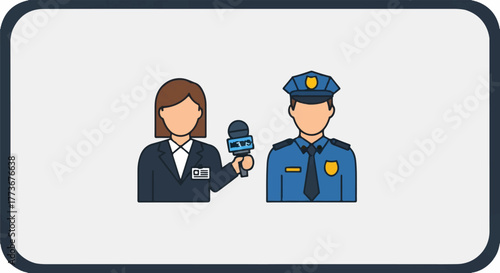 Vector illustration of a news reporter interviewing a police officer, flat icon concept for media, journalism, and law enforcement (38)