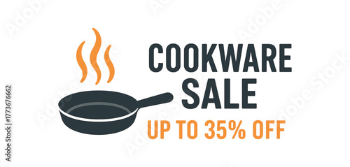 Flat vector banner design frying pan and steam icons text COOKWARE SALE subtext UP TO 35% OFF dark gray and orange palette isolated on white marketing approved bright palette with balanced