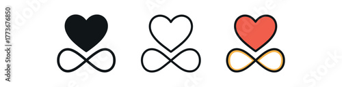 heart and infinity symbol icon on white background Black silhouette flat icon outline icon and colored icon style. 1x3 grid. three minimal vector icon style. centered composition clear