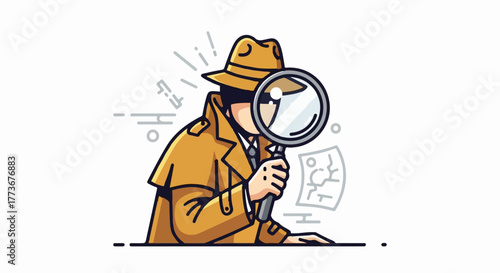 Detective wearing a trench coat and fedora hat, examining a document with a magnifying glass, illustration