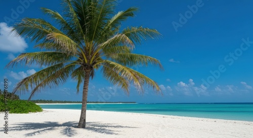 Fototapeta Naklejka Na Ścianę i Meble -  Palm tree on a white sand beach with azure water and a clear blue sky