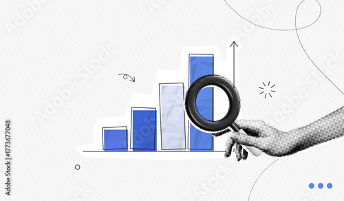 Trendy Halftone Collage Hand holding magnifying glass with up chart. Stock market statistics chart. Finance business data graph. Trending upwards. Contemporary vector illustration art