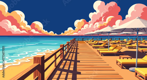 Serene beach boardwalk with lounge chairs under a vibrant, cloudy sky, overlooking the ocean