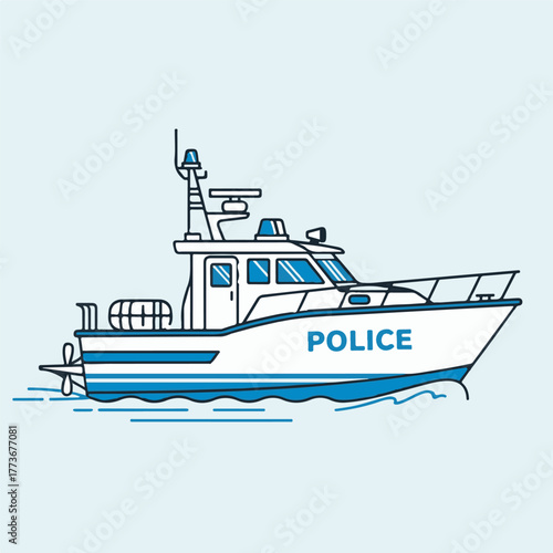 Vector line art illustration of a police patrol boat on the water. Maritime law enforcement and coast guard transport icon