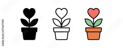 relationship growth plant icon on white background Black silhouette flat icon outline icon and colored icon style. 1x3 grid. three minimal vector icon style. centered composition clear