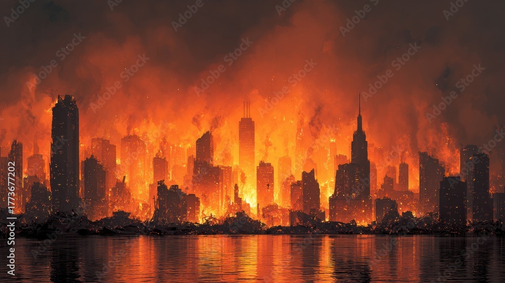 Fototapeta premium Burning cityscape silhouette under a fiery sky with reflected glow on water