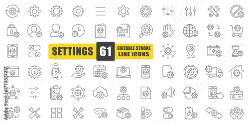 Settings Line Icon Vector Set. A Collection Of 61 Thin Line Editable Stroke Icons Featuring Gears, Tools, And Adjustments. Perfect For UI Design, Apps, Websites, Maintenance, And System Configuration.