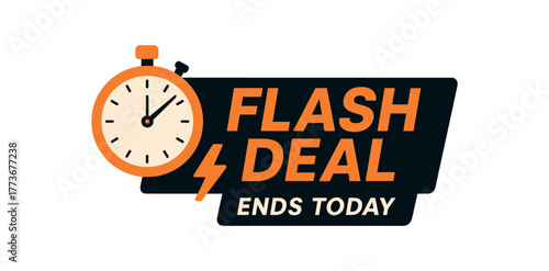 Flat vector banner design stopwatch and small lightning accent text DEAL subtext ENDS TODAY orange and black tone isolated on white marketing approved bright palette with balanced