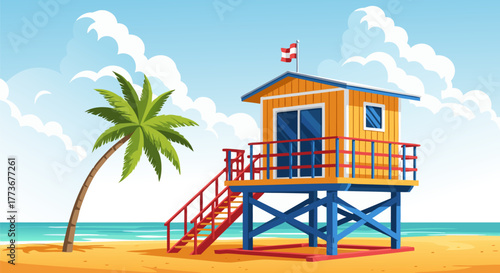 Vibrant beach scene with a colorful lifeguard tower, palm tree, and ocean under a blue sky with fluffy clouds