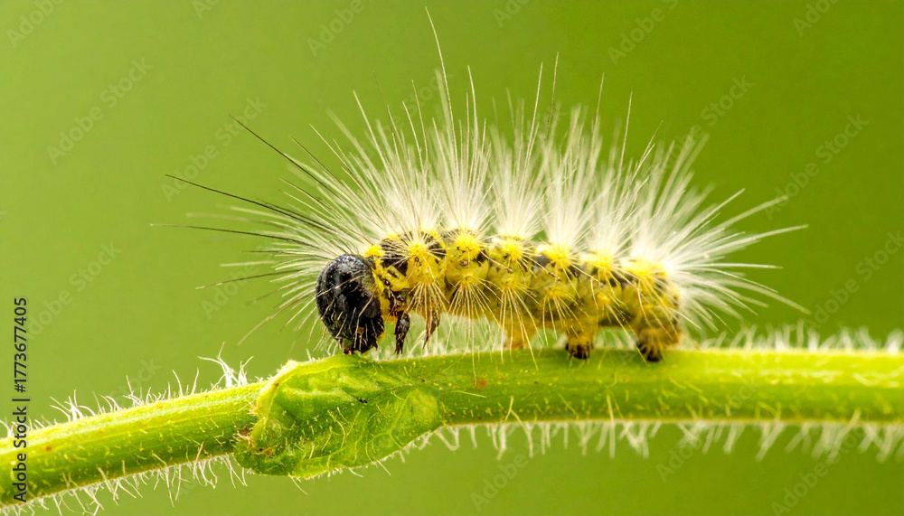 Fototapeta premium Caterpillar in the Green World: A close-up showcases a fluffy caterpillar adorned with yellow and black patterns, crawling on a vibrant green stem, illustrating the beauty of macro life.