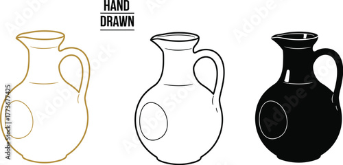 Three versions of a hand drawn pitcher in different styles