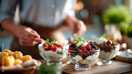 Woman serving trifle dessert into small bowls