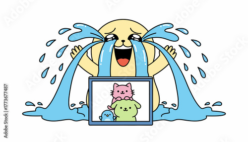 A cartoon character bursting into tears of joy dramatically responding to an endearing meme of e animals.