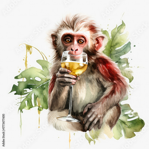 Watercolor Monkey Drink Wine, clipart Illustration, Generative Ai