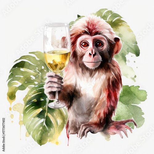 Watercolor Monkey Drink Wine, clipart Illustration, Generative Ai