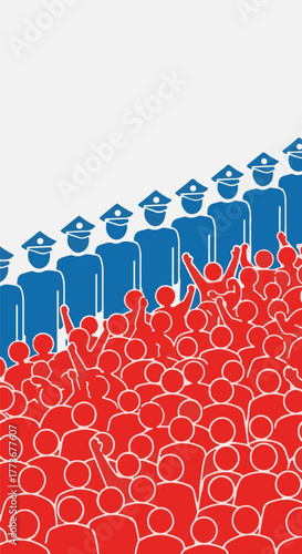 A symbolic confrontation between a large red crowd of protesters and a solid blue line of police officers, representing civil unrest