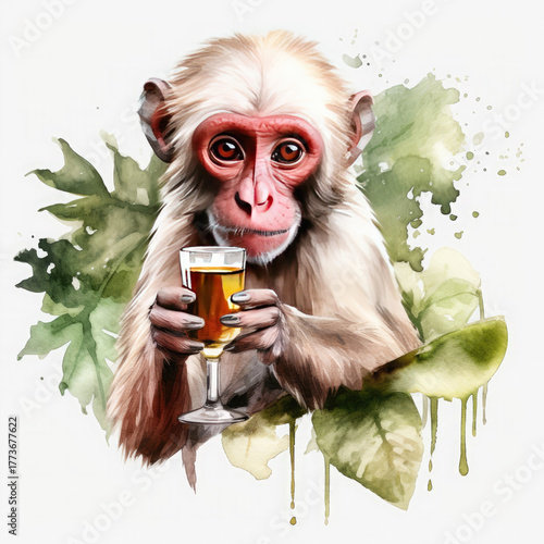 Watercolor Monkey Drink Wine, clipart Illustration, Generative Ai