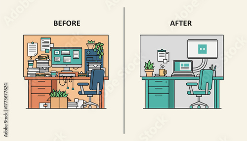A split screen depicting before and after productivity cluttered office versus a streamlined efficient setup.
