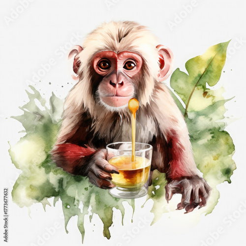 Watercolor Monkey Drink Wine, clipart Illustration, Generative Ai