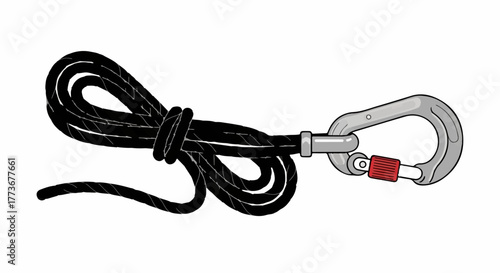 Vector illustration of a coiled black climbing rope attached to a secure locking screw-gate carabiner, isolated safety equipment for mountaineering and adventure
