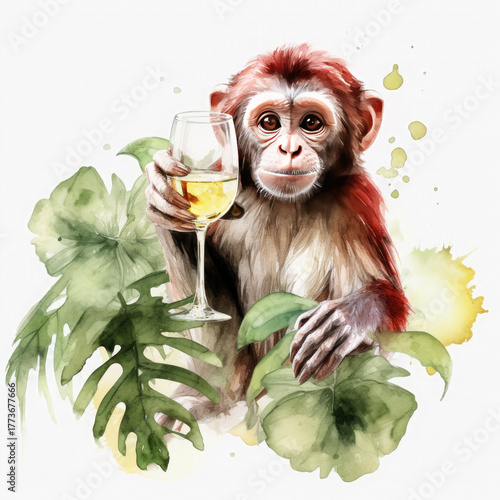 Watercolor Monkey Drink Wine, clipart Illustration, Generative Ai