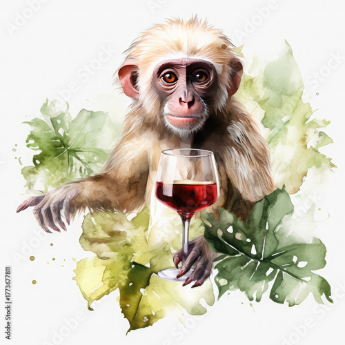 Watercolor Monkey Drink Wine, clipart Illustration, Generative Ai