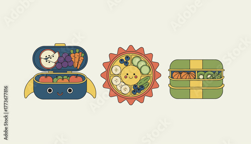 A collection of lunchboxes featuring different designs packed with healthy snacks and colorful fruits ready to be od during lunchtime.