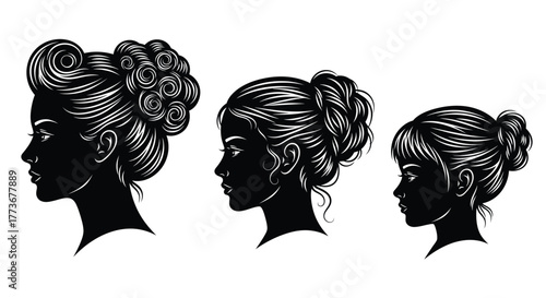 Silhouette of three women with different hairstyles elegant illustration for beauty salon or fashion design isolated on white background