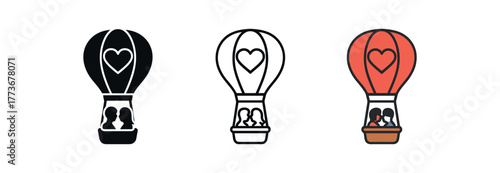 romantic hot air balloon ride icon on white background Black silhouette flat icon outline icon and colored icon style. 1x3 grid. three minimal vector icon style. centered composition clear