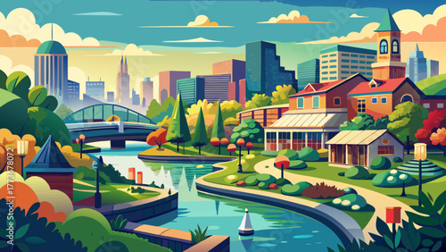 Very beautiful scenic view of Naperville, Illinois, USA, showcasing the riverwalk, lush parks, and vibrant urban landscapes, blending natural beauty with modern city architecture along the waterfront.