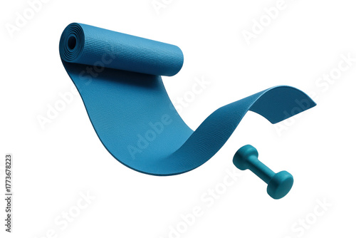 Wallpaper Mural A bright blue rolled bandage and a teal dumbbell are isolated on a stark black background, symbolizing sports, fitness, and medical care. Torontodigital.ca