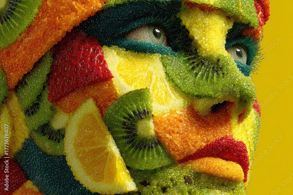 Obraz premium Colorful Fruit Mosaic Face Concept Art on Yellow Background. A surreal portrait of a human face made entirely from layered slices of kiwi, oranges, strawberries, lemons, and exotic fruit.