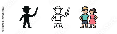 kids playing dress up icon on white background Black silhouette flat icon outline icon and colored icon style. 1x3 grid. three minimal vector icon style. centered composition clear white