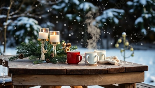 Cozy winter scene with hot drinks and candlelight glow