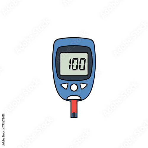 Digital glucometer icon with a blood test strip, displaying a healthy sugar level reading. Medical equipment for diabetes management and health monitoring
