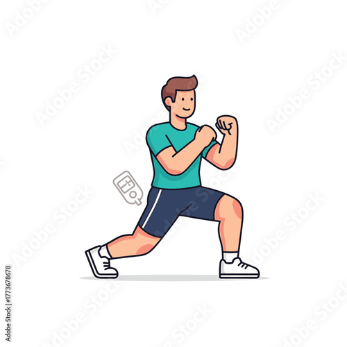 Cartoon character of a young man in a workout pose with a health monitoring device, a concept for fitness, wellness, and active living